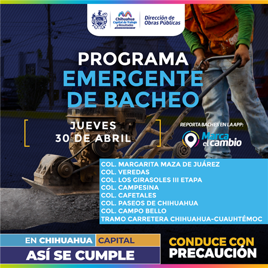 Municipio realizará bacheo en ocho zonas este jueves 30 de abril