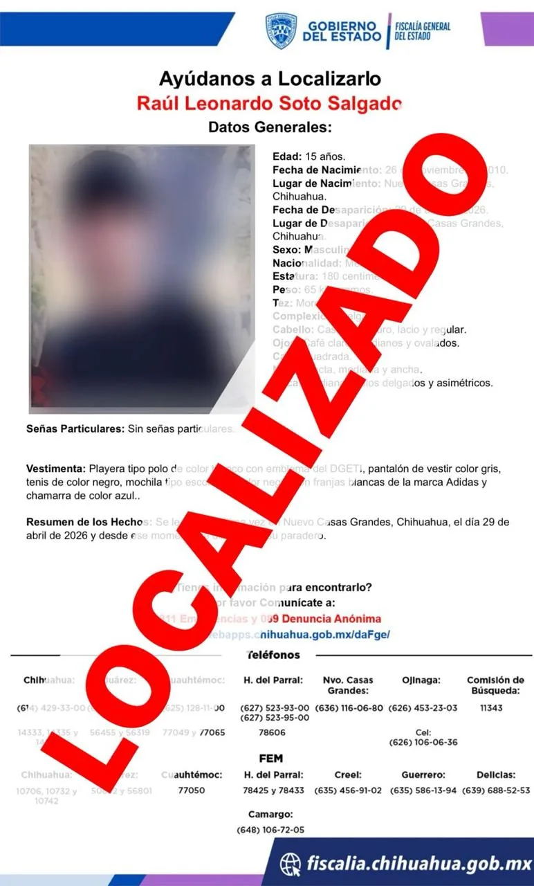 Localizan a adolescente desaparecido en Nuevo Casas Grandes