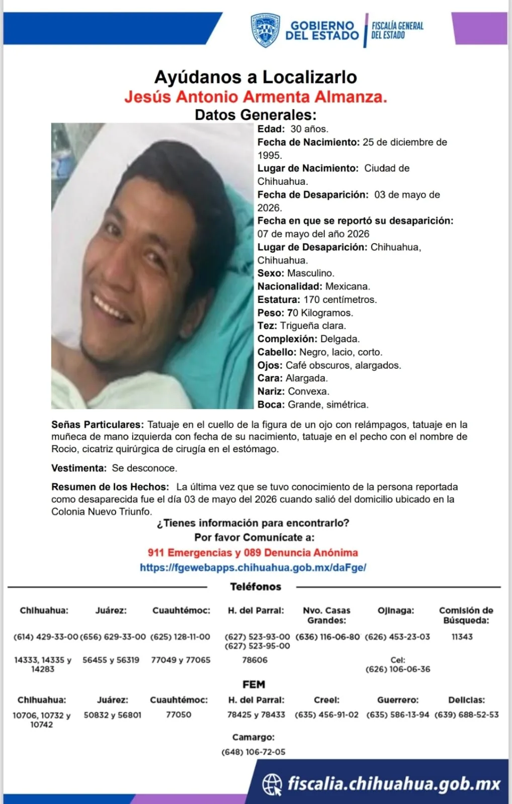 Buscan a Jesús Antonio Armenta, desaparecido en Chihuahua