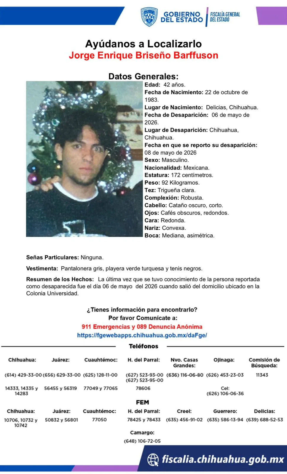 Buscan a Jorge Enrique Briseño, desaparecido en Chihuahua desde el 6 de mayo