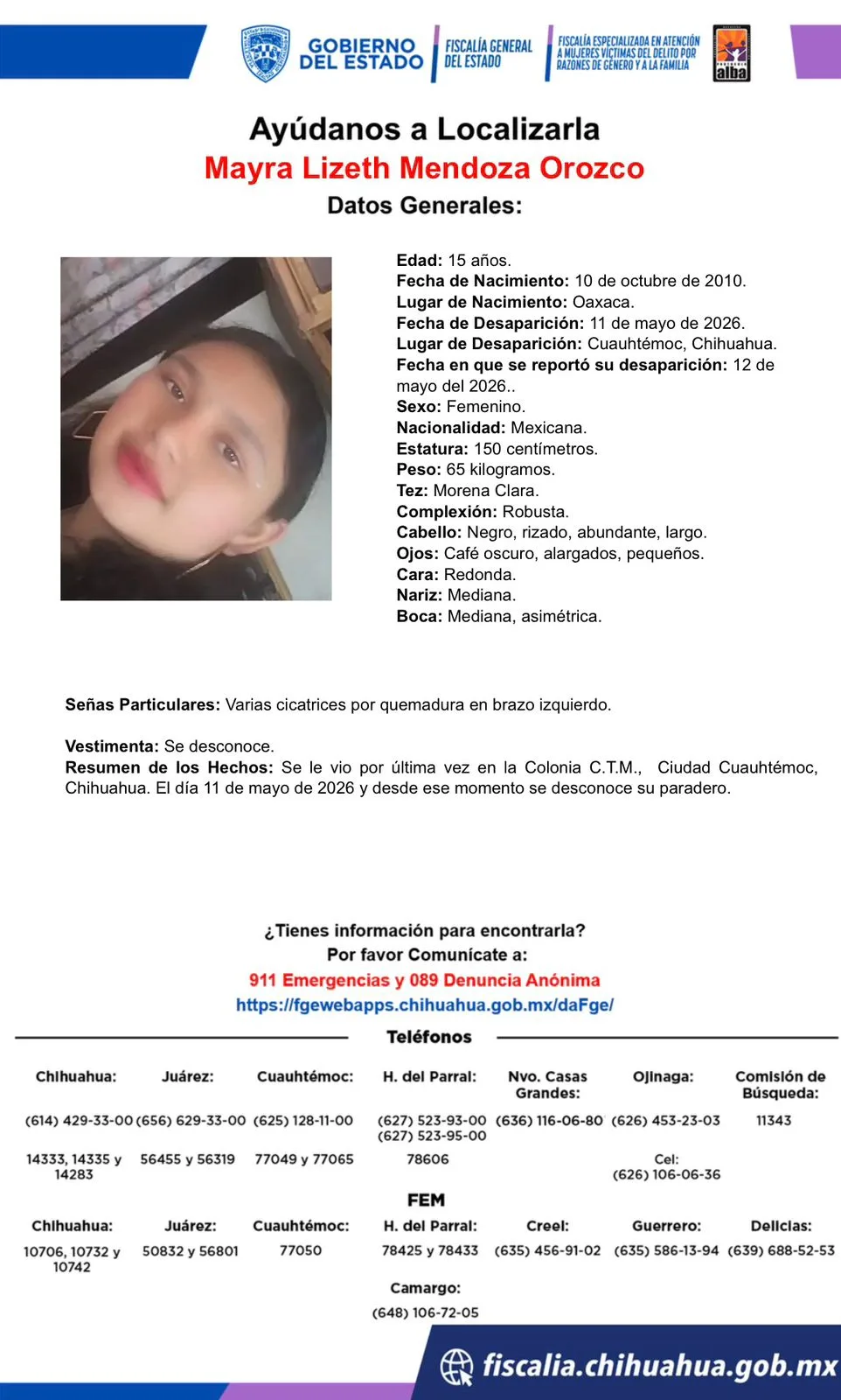 Buscan a Mayra Lizeth Mendoza Orozco, adolescente de 15 años desaparecida en Cuauhtémoc, Chihuahua