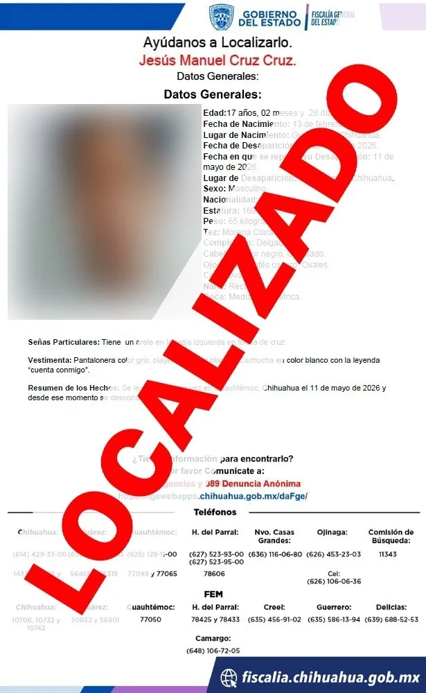 Fiscalía de Chihuahua localiza a dos menores y un adulto mayor reportados ausentes en Cuauhtémoc - imagen 2