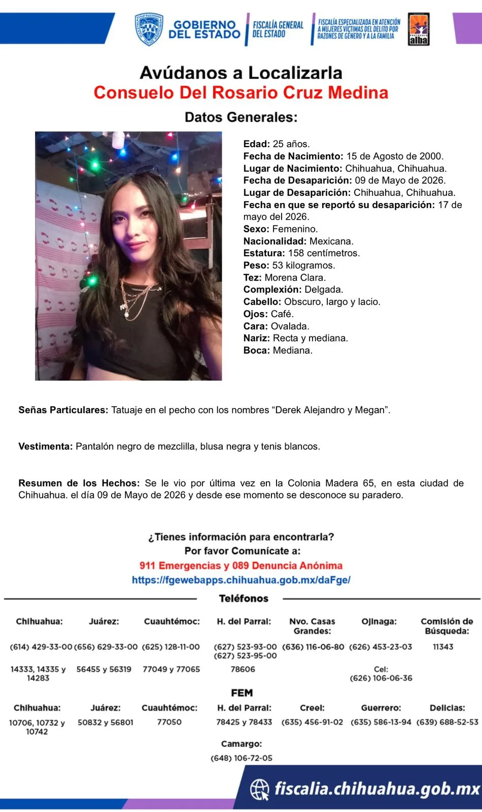 Buscan a Consuelo Del Rosario Cruz Medina, desaparecida en Chihuahua desde el 9 de mayo