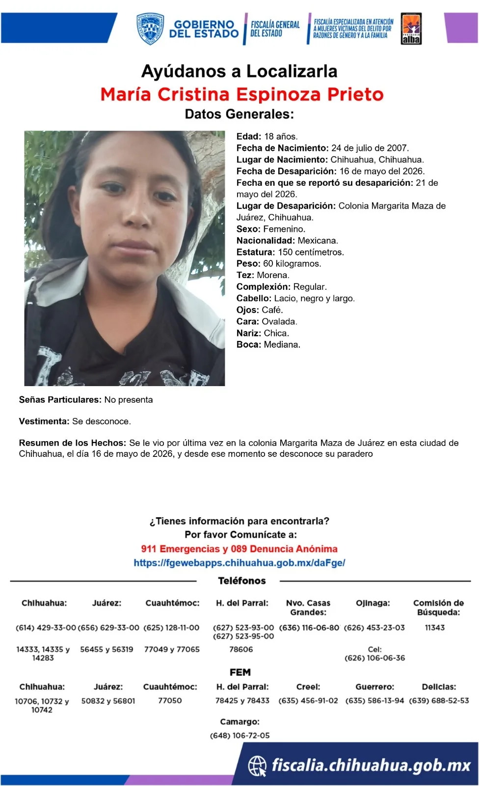 Buscan a María Cristina Espinoza Prieto, desaparecida desde el 16 de mayo en Chihuahua