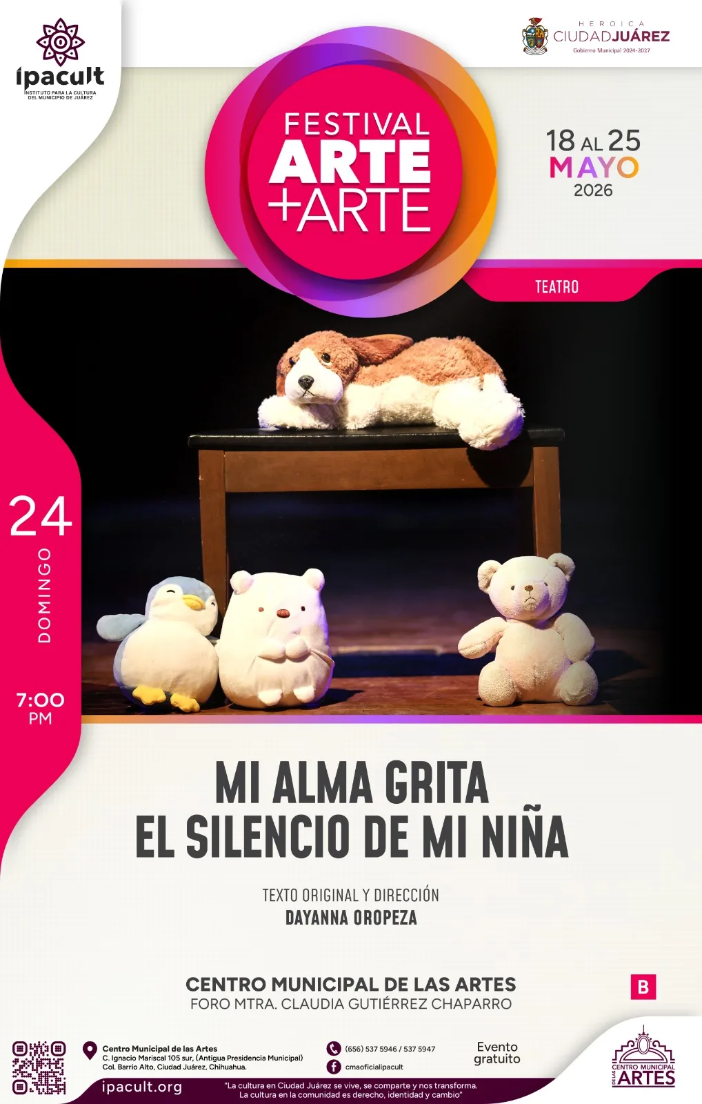 Obra teatral 'Mi alma grita el silencio de mi niña' se presenta este domingo en el CMA de Ciudad Juárez