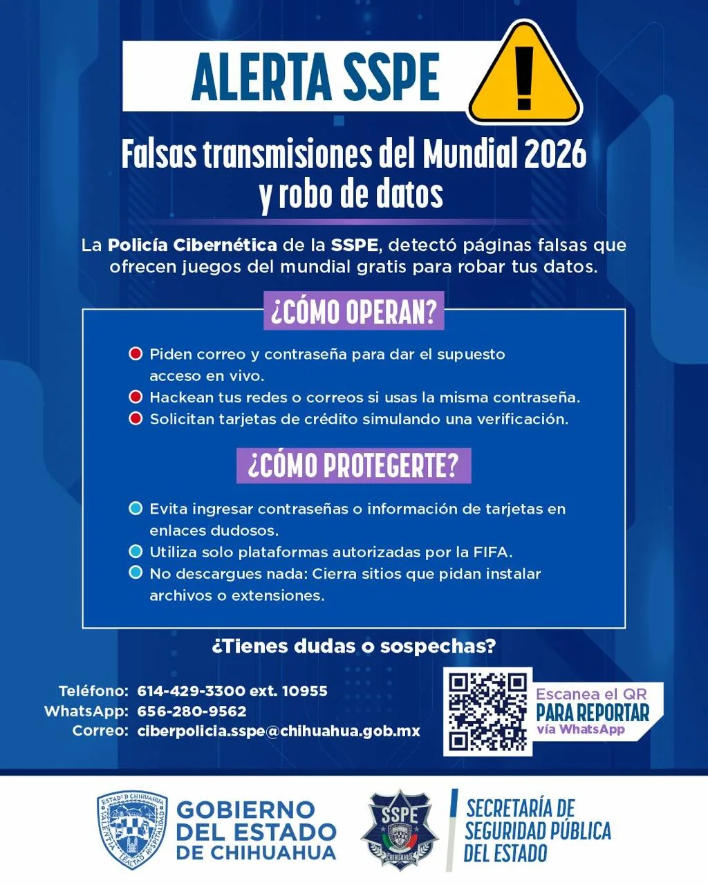 Policía Cibernética de Chihuahua alerta sobre sitios falsos que prometen transmitir el Mundial FIFA 2026