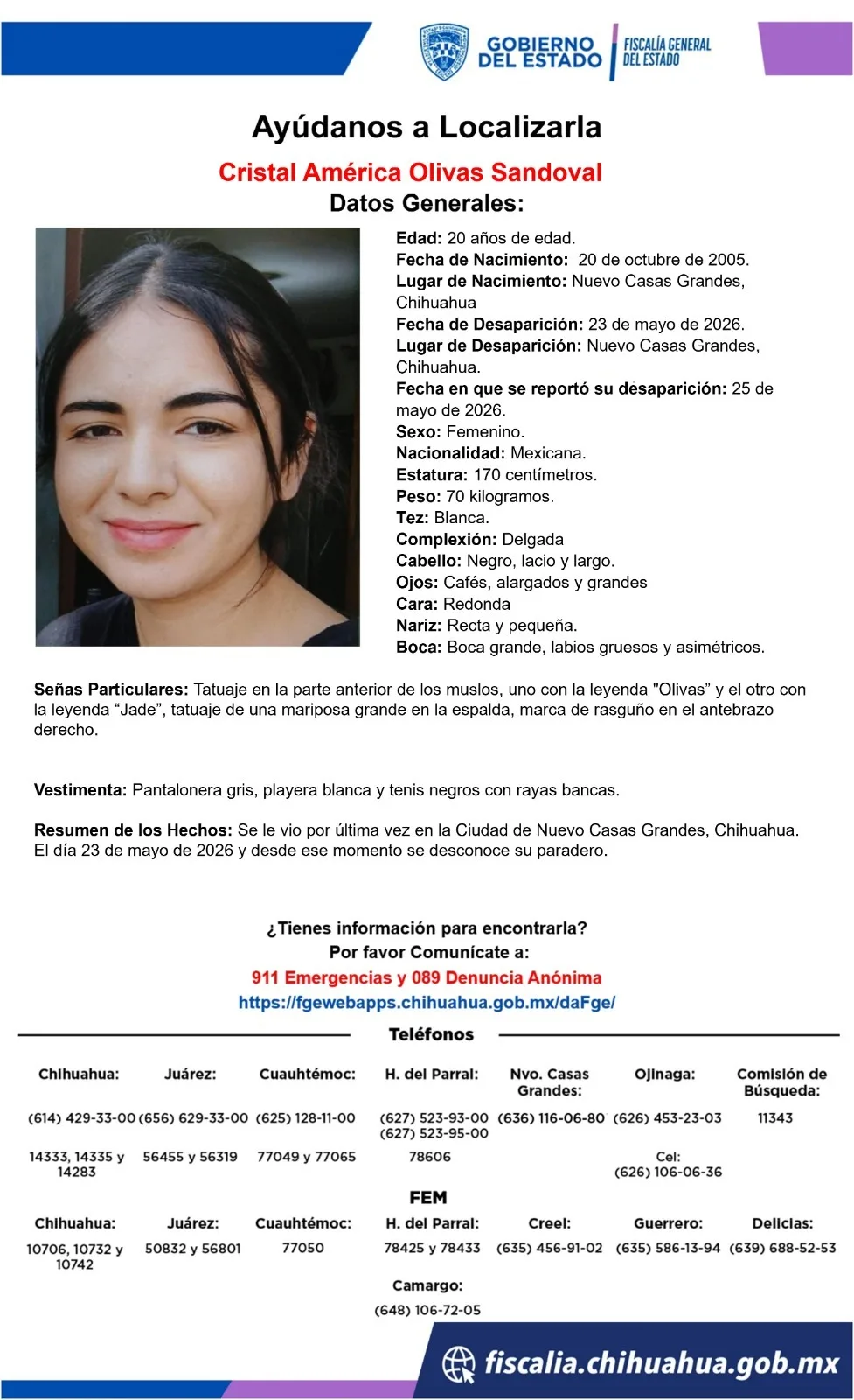 Buscan a Cristal América Olivas Sandoval, desaparecida en Nuevo Casas Grandes desde el 23 de mayo