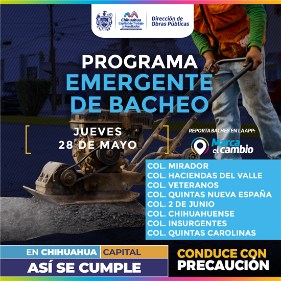 Municipio de Chihuahua realiza bacheo en ocho colonias este jueves 28 de mayo