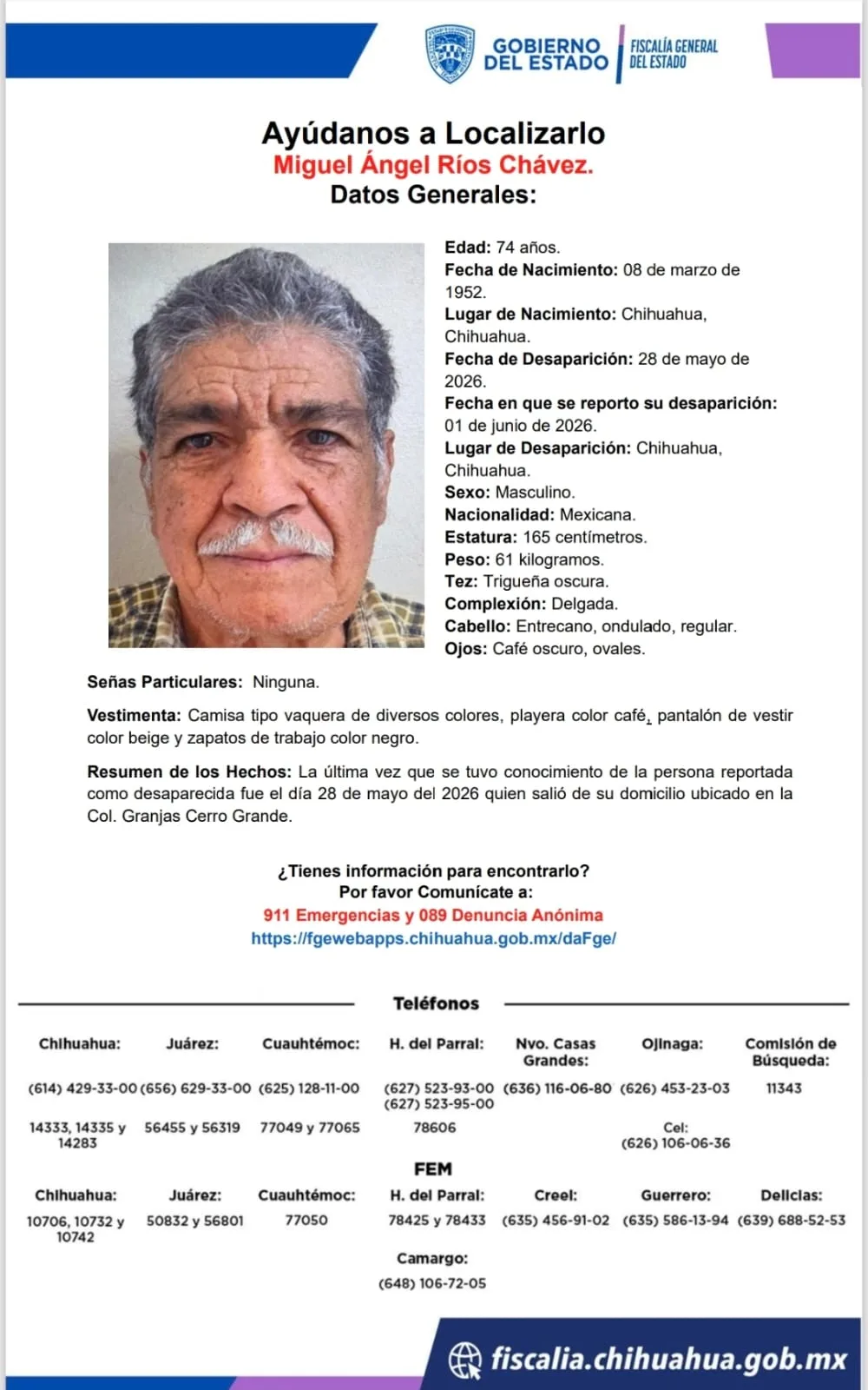 Buscan a Miguel Ángel Ríos Chávez, desaparecido en Chihuahua capital