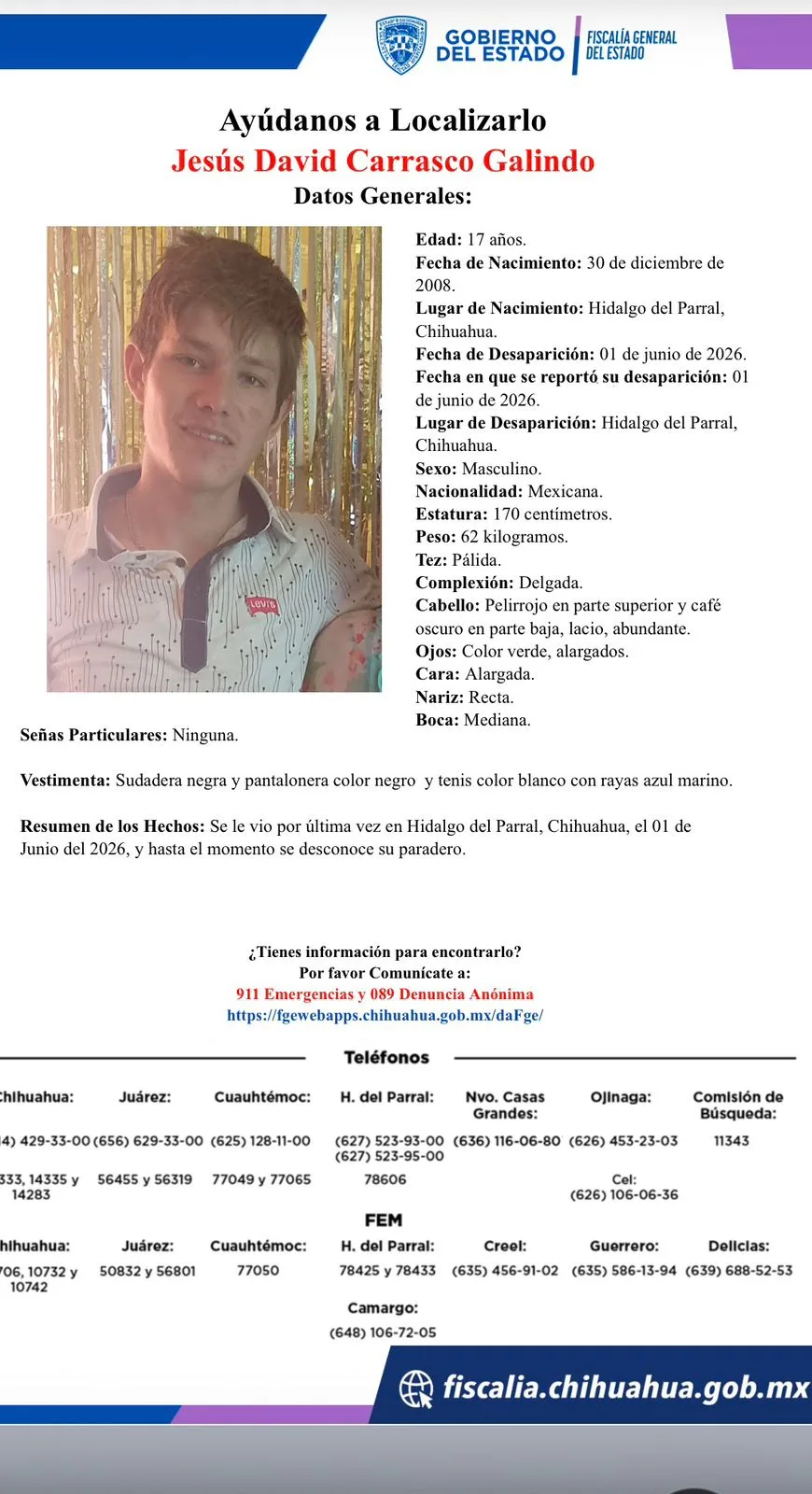 Fiscalía de Chihuahua busca a Jesús David Carrasco Galindo, reportado como ausente en Parral - imagen 3