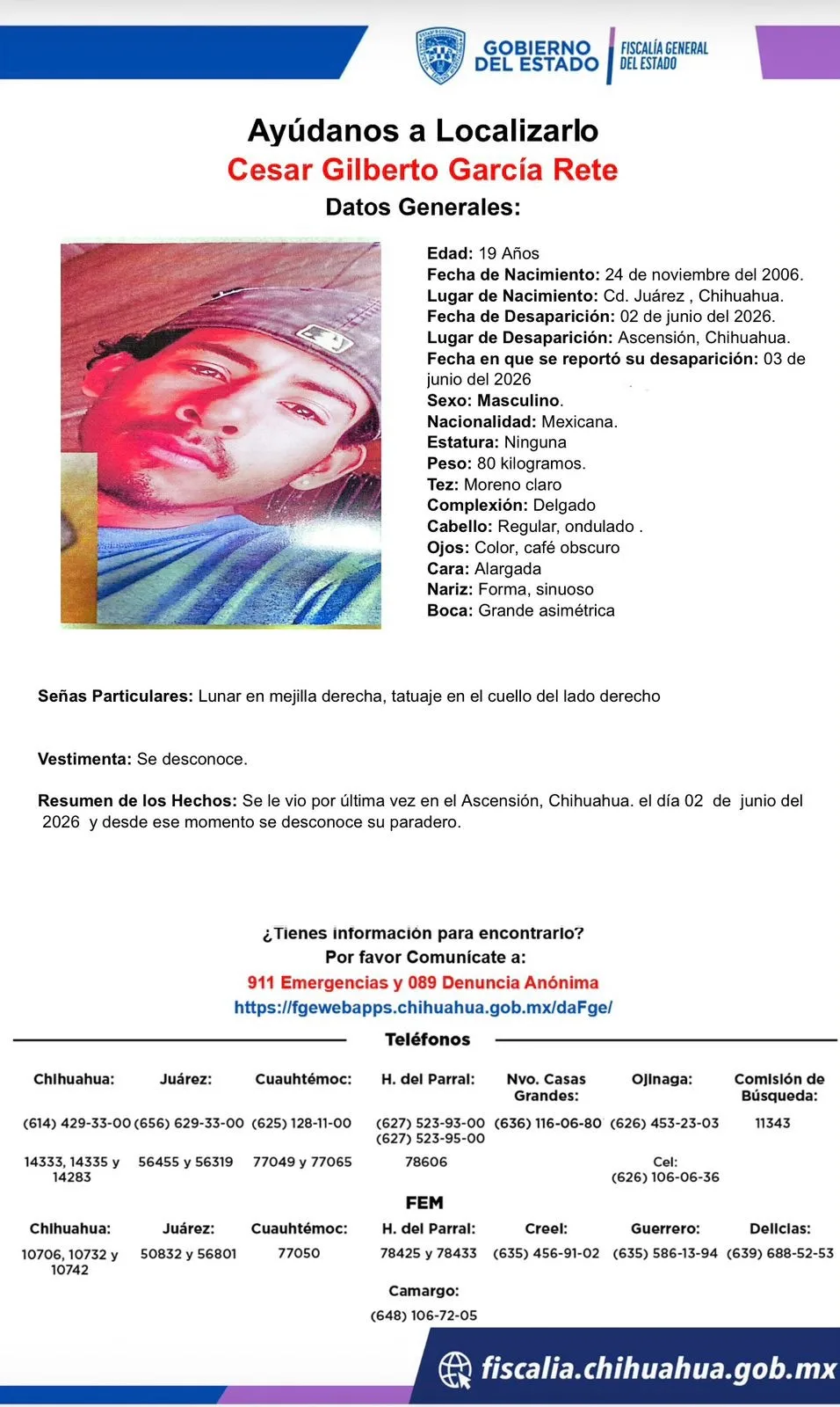Buscan a César Gilberto García Rete, desaparecido en Ascensión, Chihuahua
