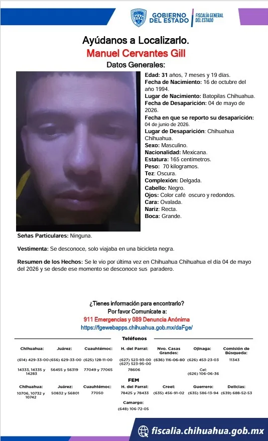Buscan a Manuel Cervantes Gill, desaparecido en Chihuahua desde mayo de 2026