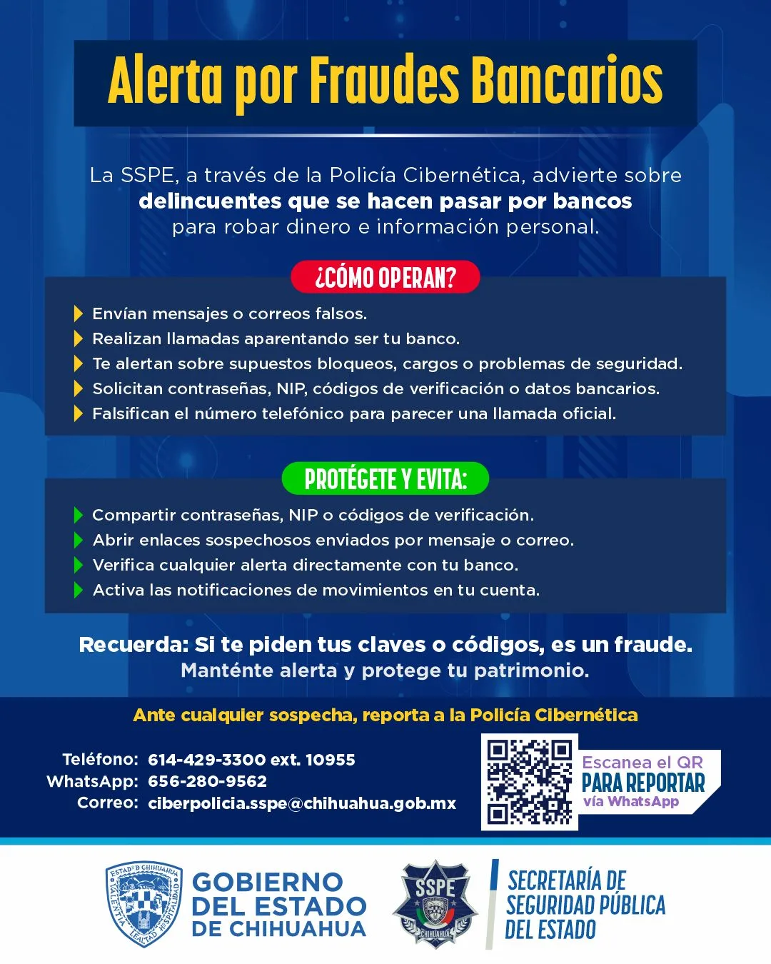 SSPE alerta por fraudes que suplantan a bancos en Chihuahua