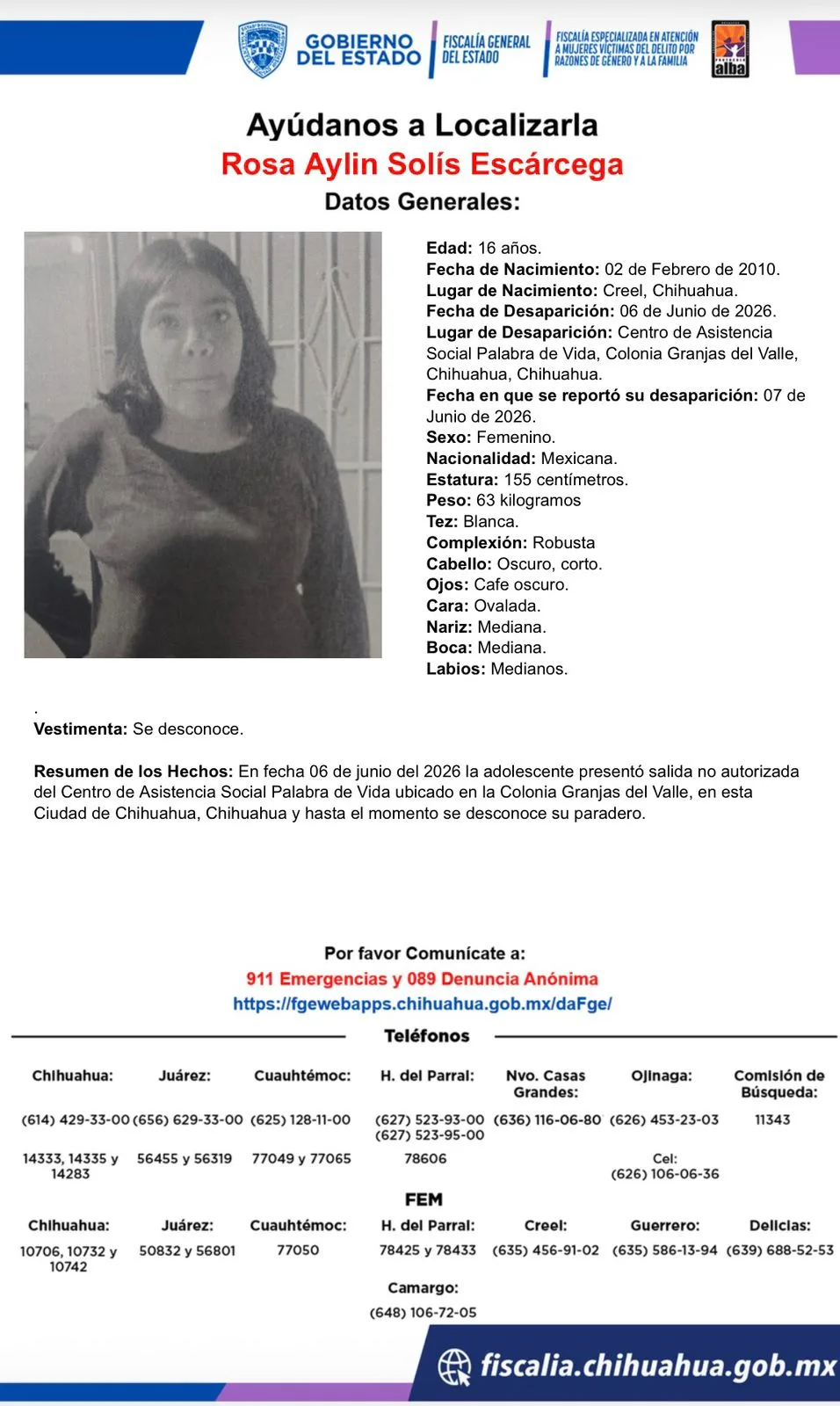 Buscan a Rosa Aylin Solís Escárcega, adolescente de 16 años desaparecida en Chihuahua