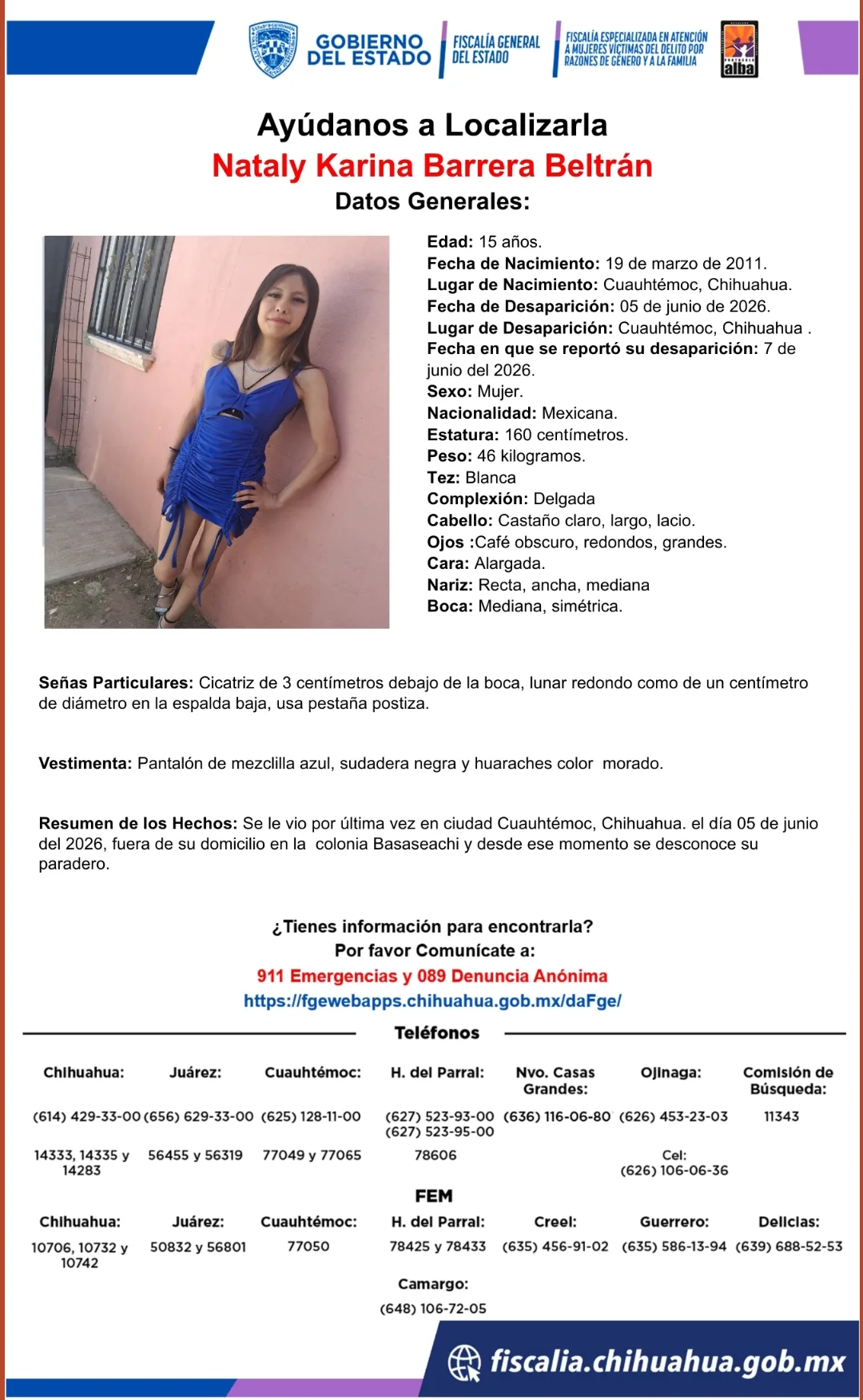 Buscan a Nataly Karina Barrera Beltrán, adolescente desaparecida en Cuauhtémoc, Chihuahua