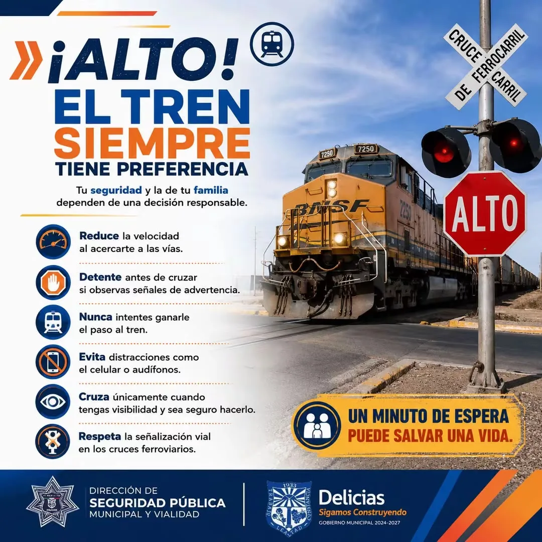 Vialidad en Delicias pide extremar precauciones en cruces ferroviarios para evitar accidentes