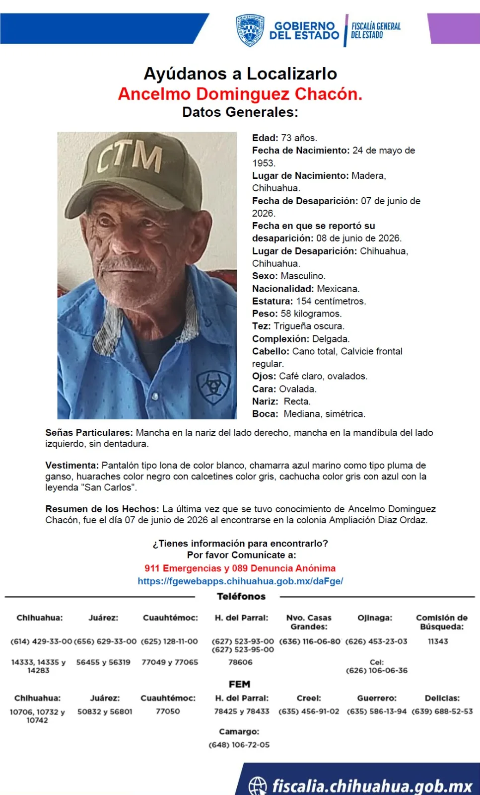 Buscan a Anselmo Domínguez Chacón, desaparecido en Chihuahua; fue visto por última vez en la colonia Ampliación Díaz Ordaz