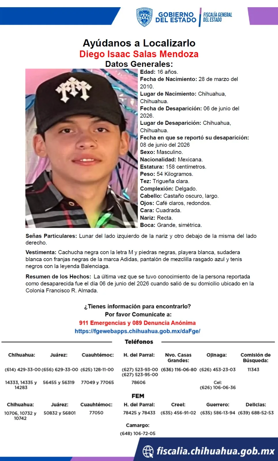 Buscan a Diego Isaac Salas Mendoza, adolescente desaparecido en Chihuahua
