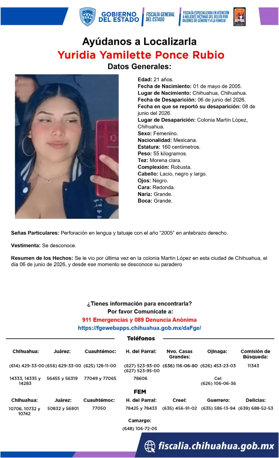Buscan a Yuridia Yamilette Ponce Rubio, desaparecida en la colonia Martín López de Chihuahua