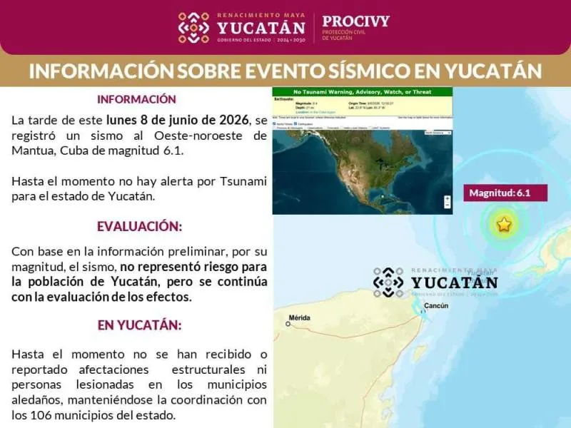 Sismo de magnitud 6.1 frente a costas de Cuba se percibe en Yucatán sin causar daños