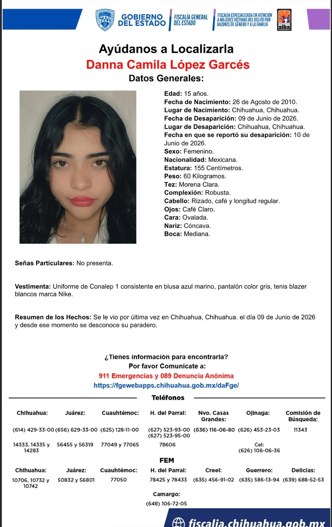 Buscan a Danna Camila López Garcés, adolescente desaparecida en Chihuahua