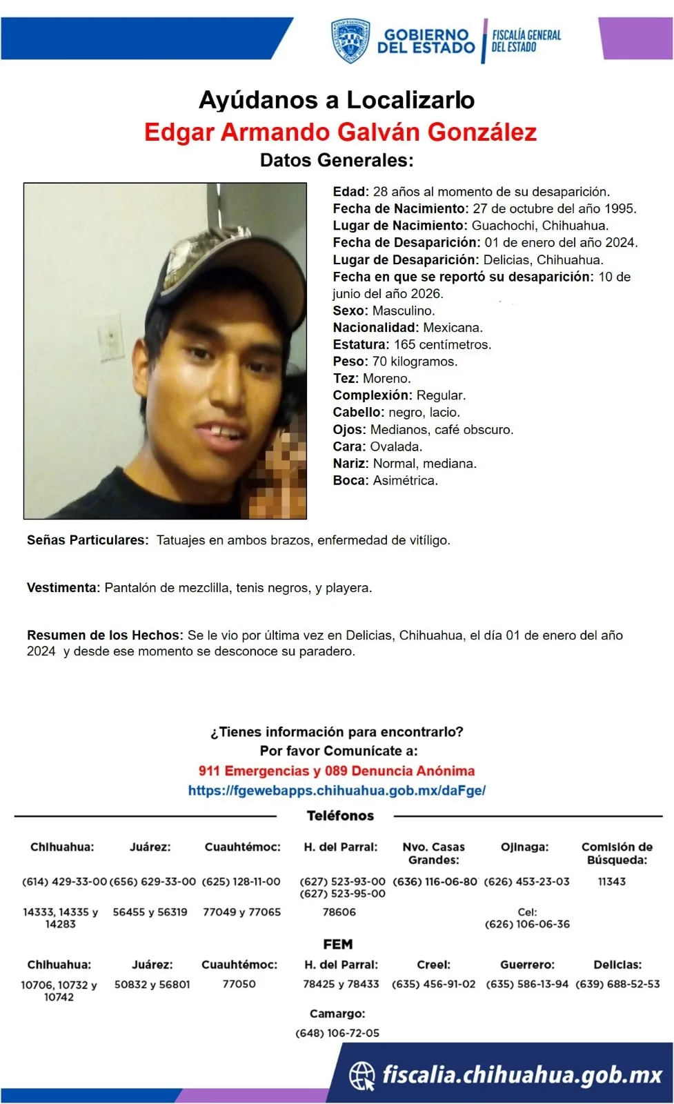 Buscan a Edgar Armando Galván González, desaparecido en Delicias, Chihuahua