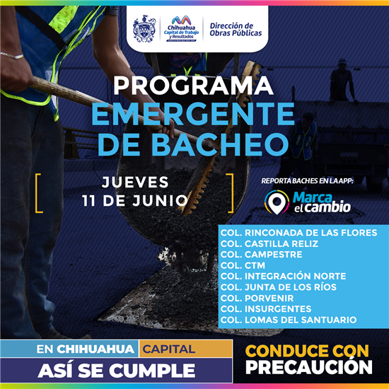 Municipio de Chihuahua realizará bacheo en nueve colonias este 11 de junio