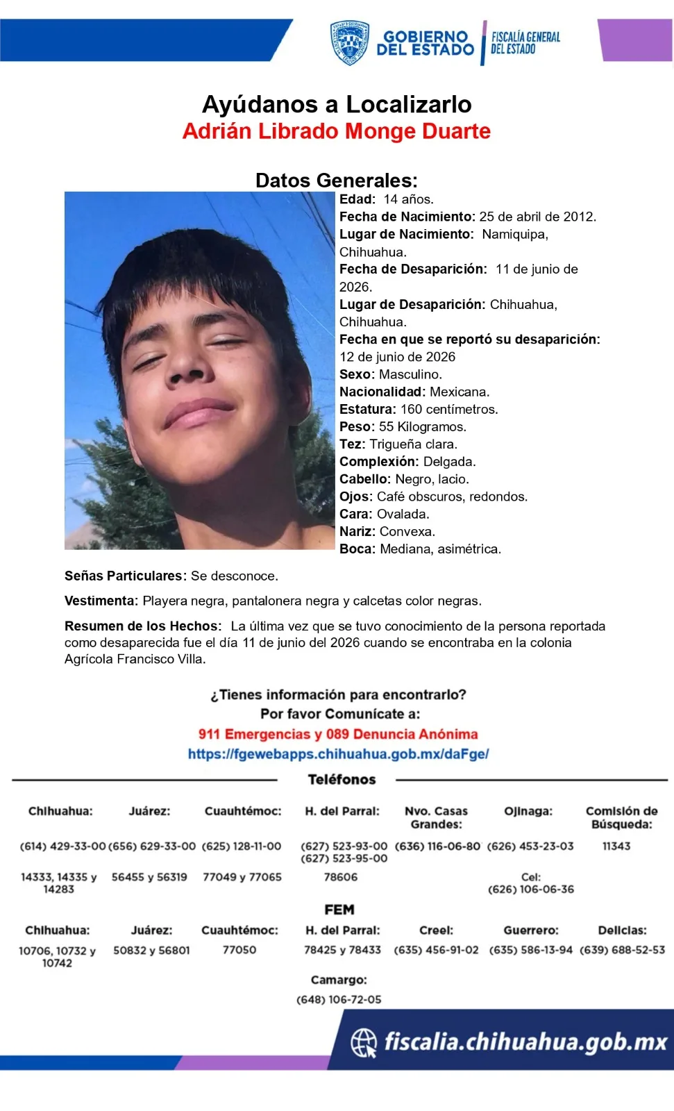 Buscan a Adrián Librado Monge Duarte, adolescente de 14 años desaparecido en Chihuahua
