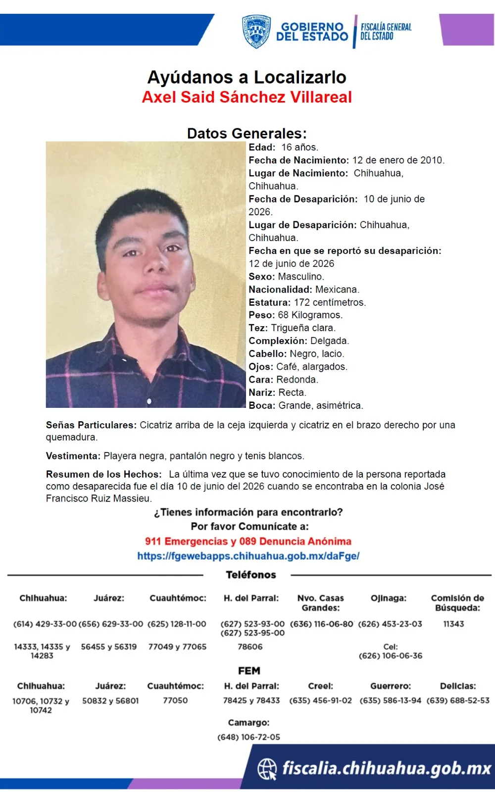 Buscan a Axel Said Sánchez Villareal, adolescente desaparecido en Chihuahua